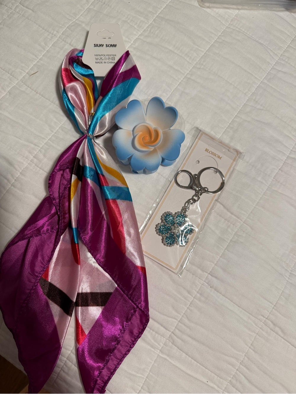 Colorful Silky Scarf & Blue Floral Accessory Gift Bundle – 3-Piece Set